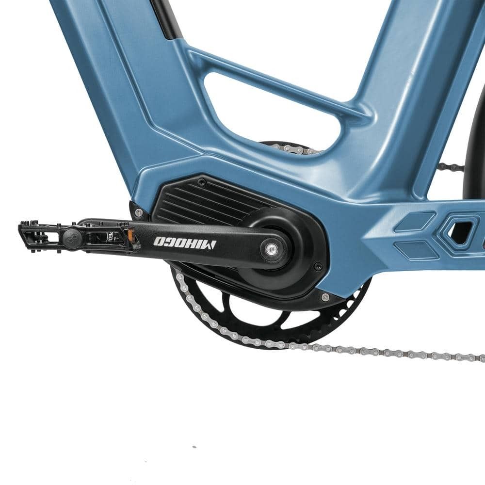 Blaues E-Bike-Tretlager mit schwarzem Pedal und Kettenblatt. MIHOGO-Logo.
