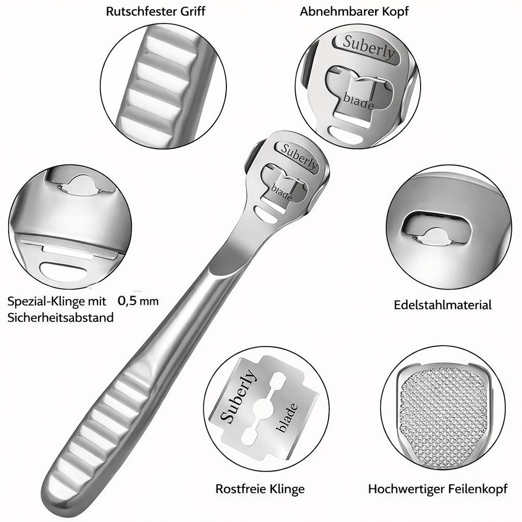 Hornhautfeile Set Edelstahl, Fußschaber & Feile mit 10 Klingen für Pediküre & Fußpflege