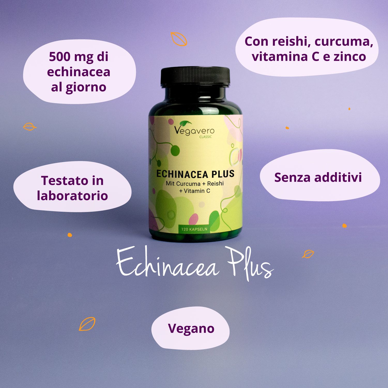 Flacone del prodotto con testo. Parole chiave: Reishi, curcuma, vitamina C, zinco, senza additivi, vegano.