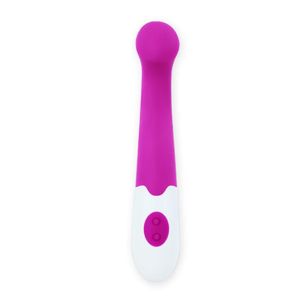 Vibrator, pink und weiß. Zylindrische Form mit abgerundeter Spitze. Zwei Knöpfe am Griff.