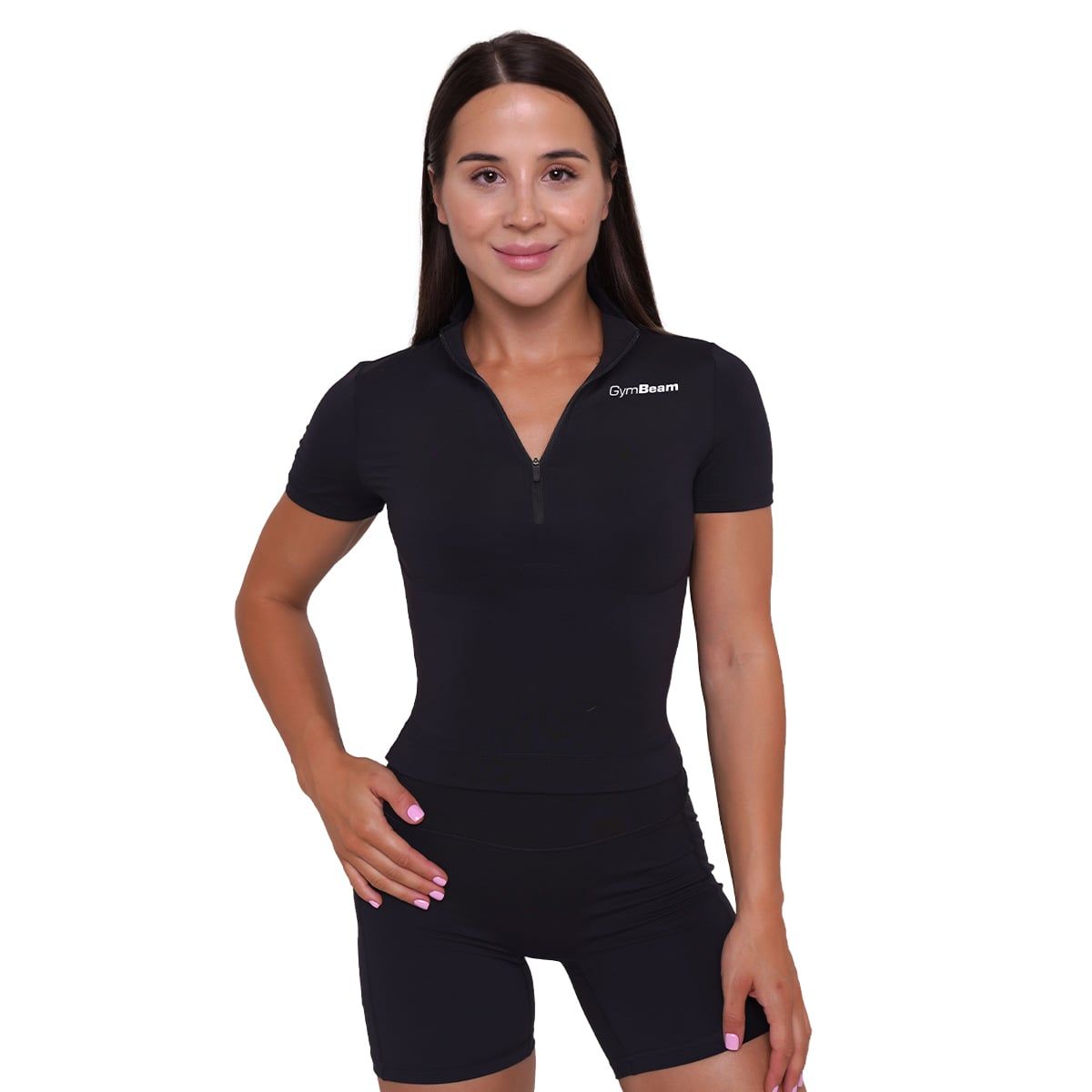 GymBeam Damen Cropped T-Shirt Ignite Slim mit Kragen und Reißverschluss Schwarz 1 St
