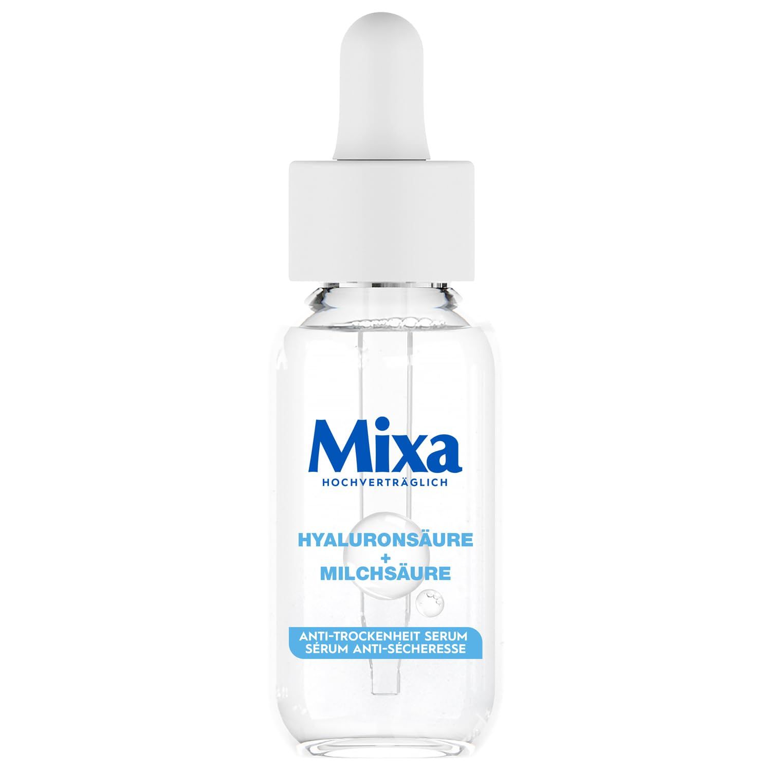 Klarflasche mit weißem Verschluss und Pipette. Blaue Schriftzüge: Mixa, Hyaluronsäure + Milchsäure, Anti-Trockenheit Serum.