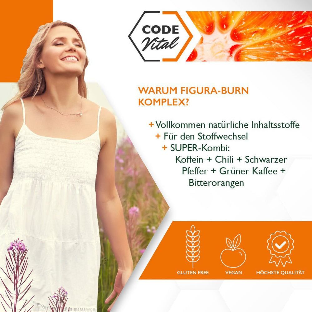 Frau im weißen Kleid, lächelnd in der Natur. Text: CODE Vital, Warum Figura-Burn Komplex? Glutenfrei, vegan, höchste Qualität.