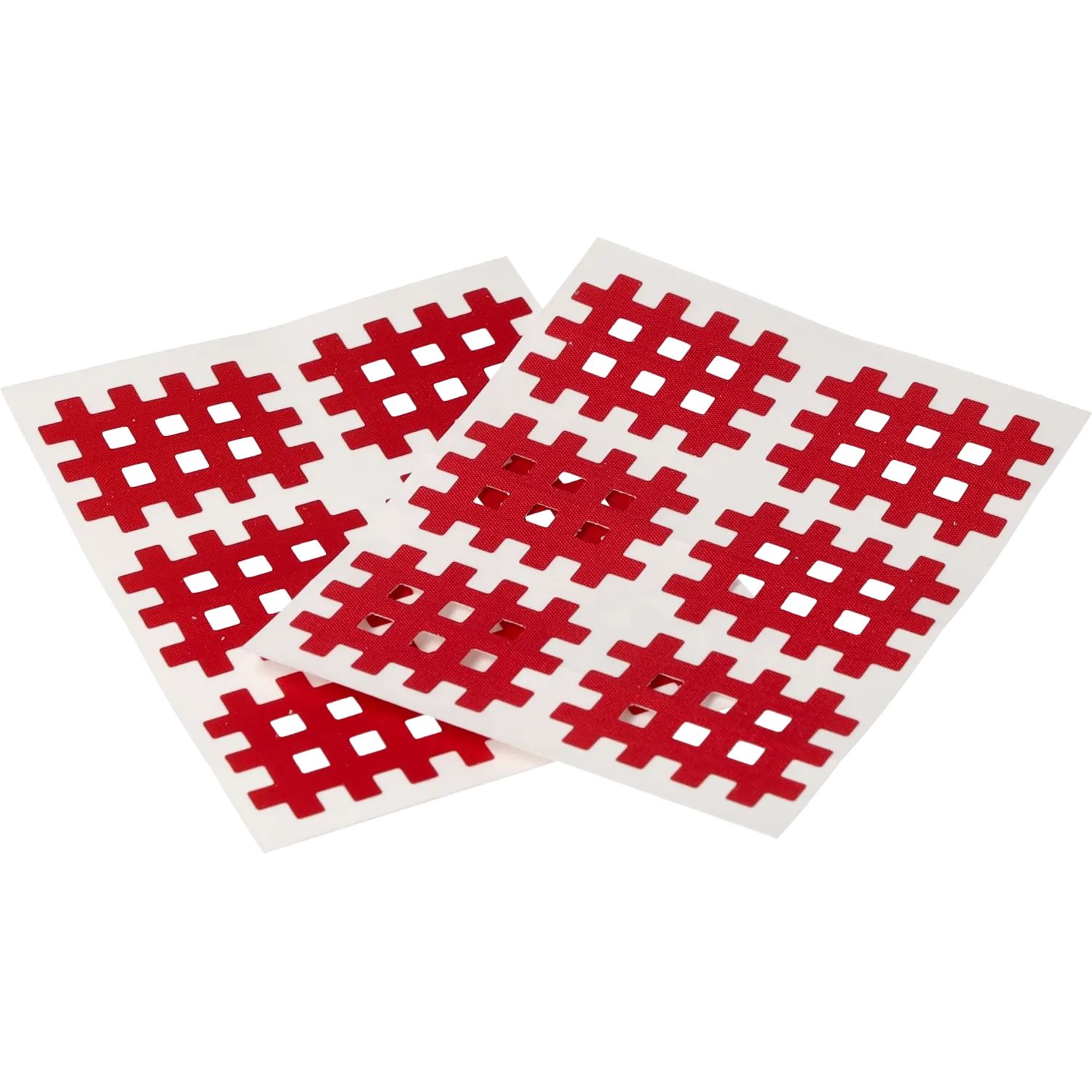Deux rubans NASARA Gitter Tape rouges sur fond blanc. Forme carrée avec découpes rectangulaires.