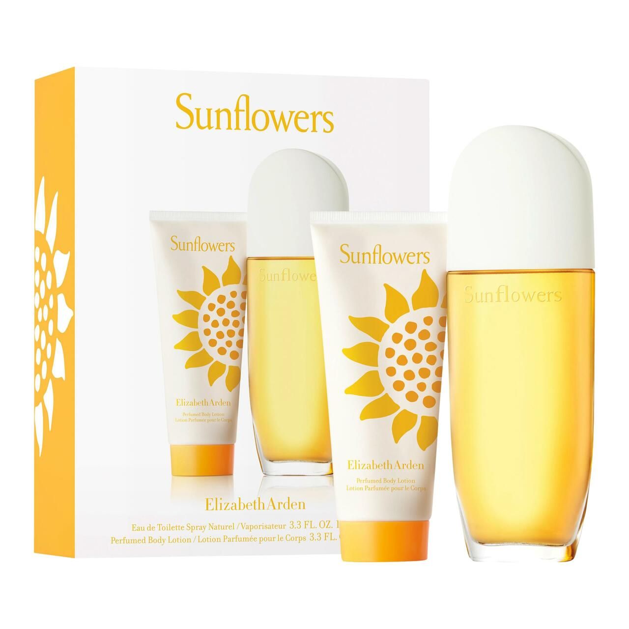 Geschenkset Sunflowers. Flakon, zwei Tuben und Flakon in weißer Schachtel. Sonnenblumen-Logo. Elizabeth Arden-Logo. Gelbe Flüssigkeit.