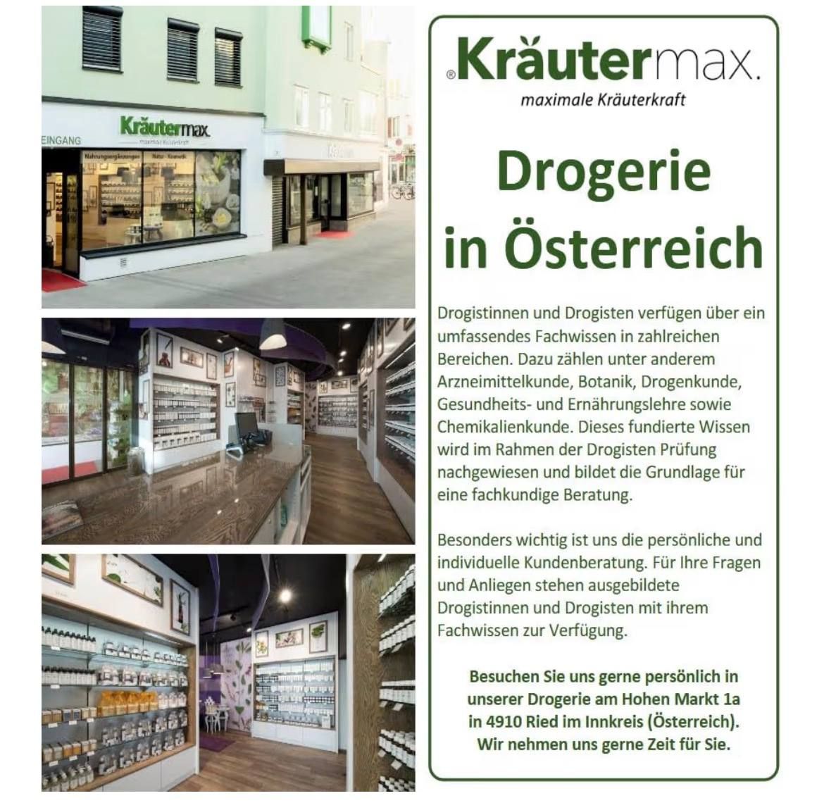 Außenansicht einer Kräutermax Drogerie in Österreich, Innenansichten mit Regalen und Produkten.