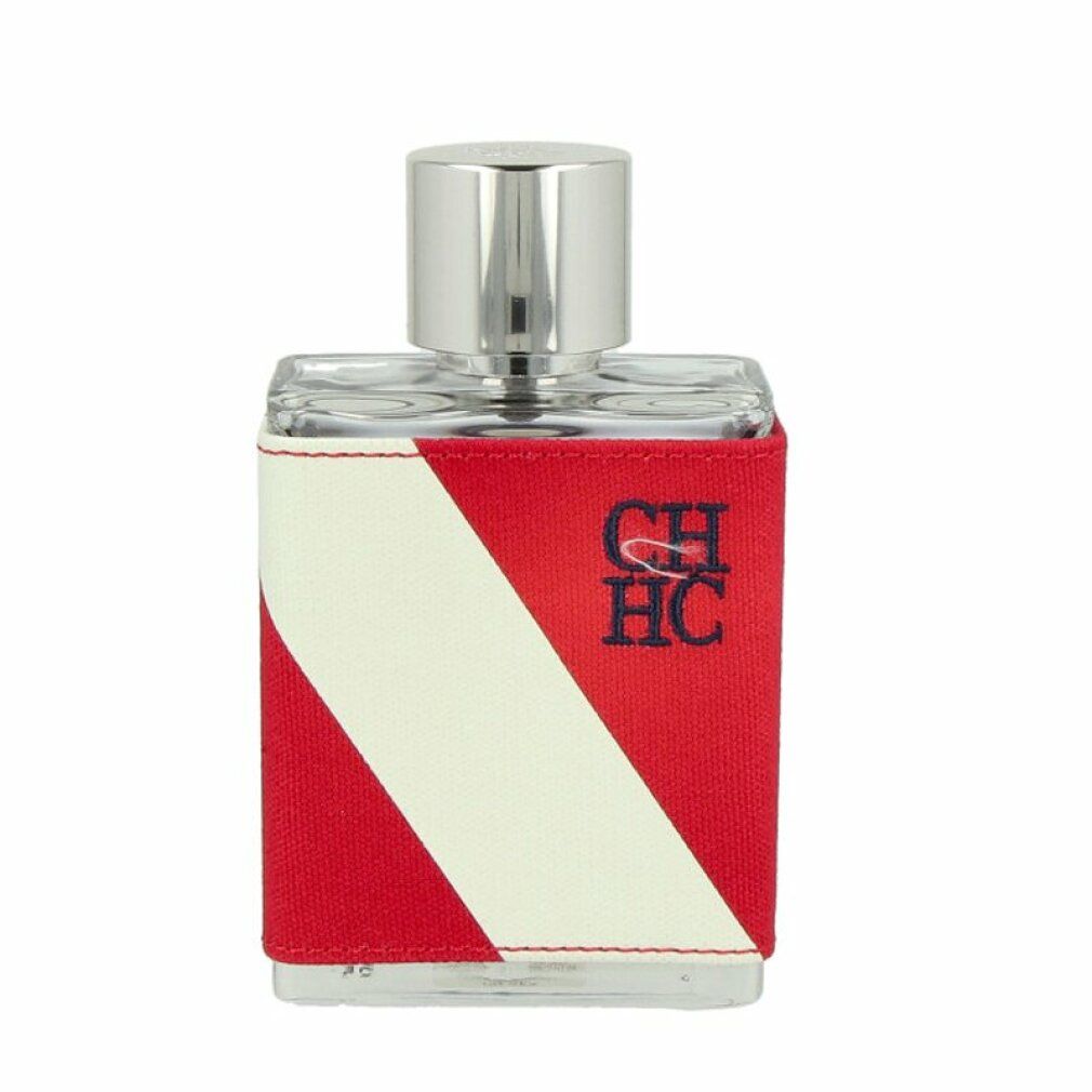 Flacone quadrato, rivestimento in tessuto rosso e bianco. Tappo argentato. Logo CH HC ricamato.