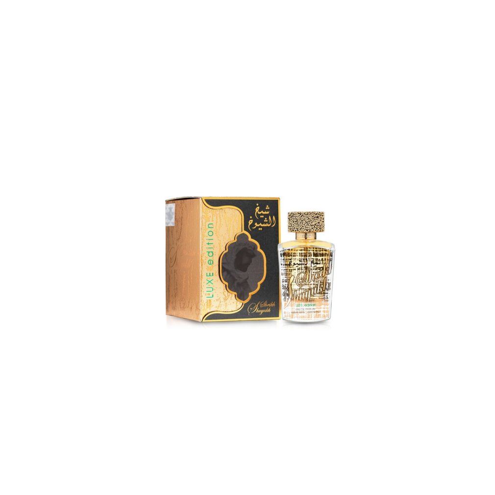 Goldfarbener Flakon mit goldener Kappe und Karton. Aufschrift: Luxe Edition, arabische Schriftzeichen.