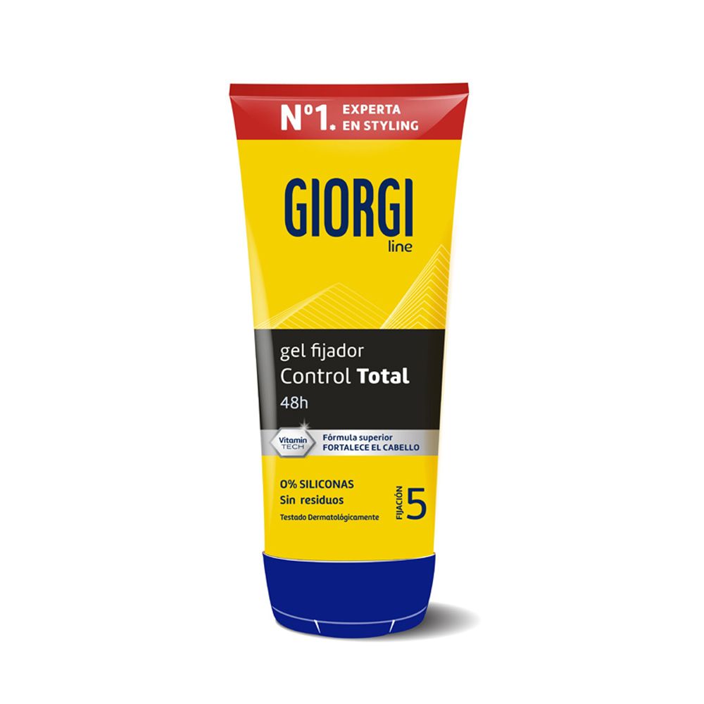 Gel-Tube mit gelbem und blauem Design. Aufschrift: GIORGI, gel fijador Control Total, 48h. Enthält 0% Silikone.