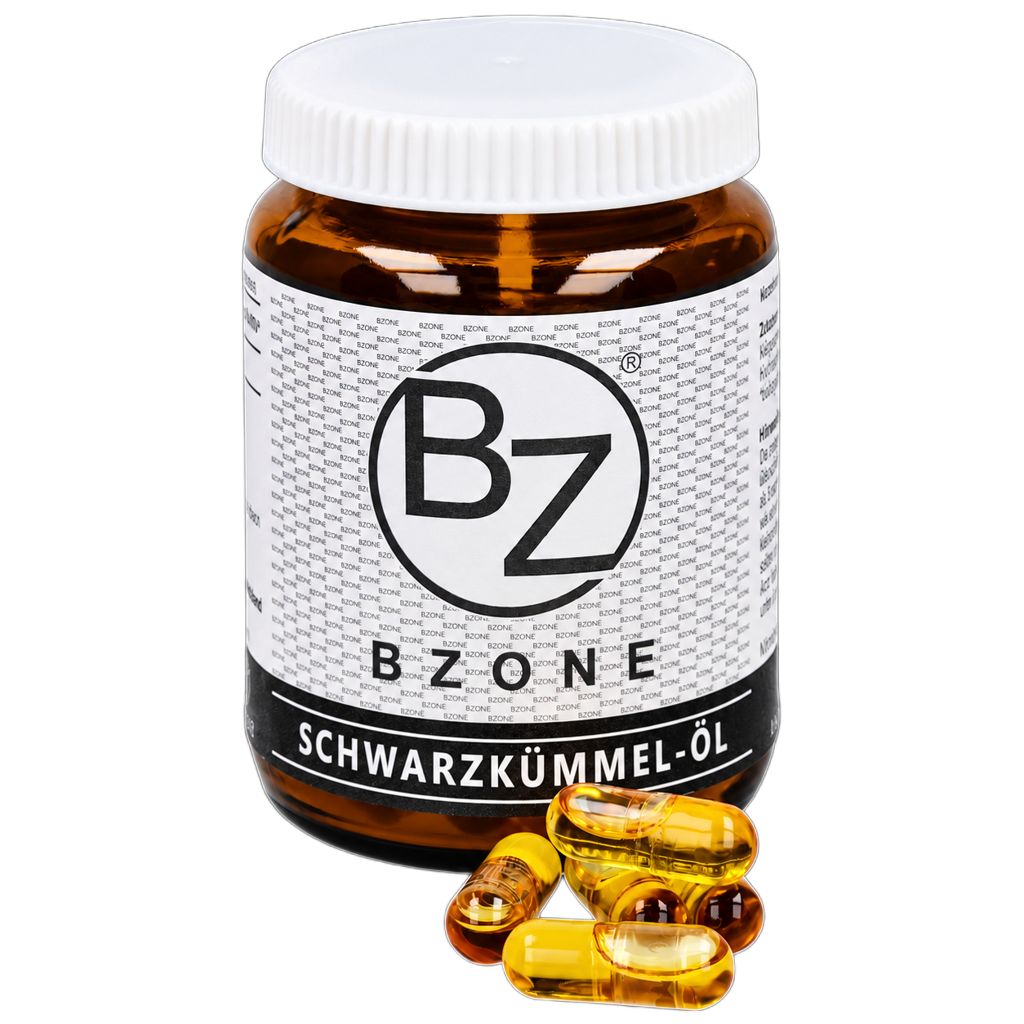 Etikett für Bio-Schwarzkümmelöl Kapseln von BZONE. Enthält Nährwertangaben, Inhaltsstoffe und Bio-Siegel.