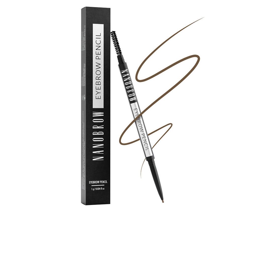 Nanobrow Eyebrow Pencil, hellbraun, mit Bürste und Stift. Schwarze Verpackung mit Produktnamen. Stift mit brauner Mine.