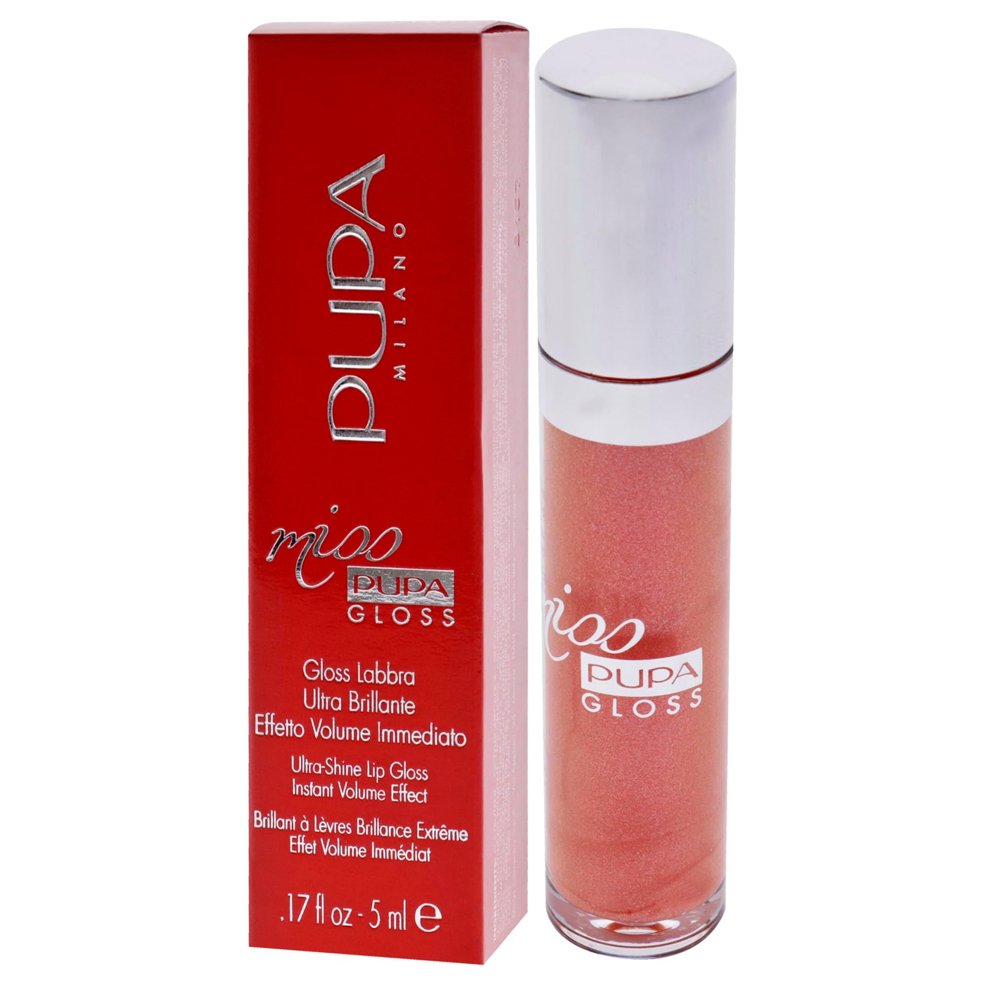 Pupa Milano Miss Pupa Gloss Lippenstift in roter Verpackung, mit silbernem Deckel und rosa Glanz.