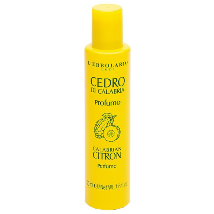 Gelbe Flasche mit Produktetikett. Aufschrift: L'Erbolario, Cedro di Calabria, Calabrian Citron, Parfüm.