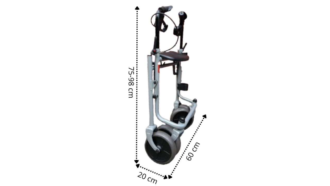 Opgevouwen rollator. Grijs metalen frame, zwarte wielen. Afmetingen: 75-98 cm hoog, 60 cm breed, 20 cm diep.
