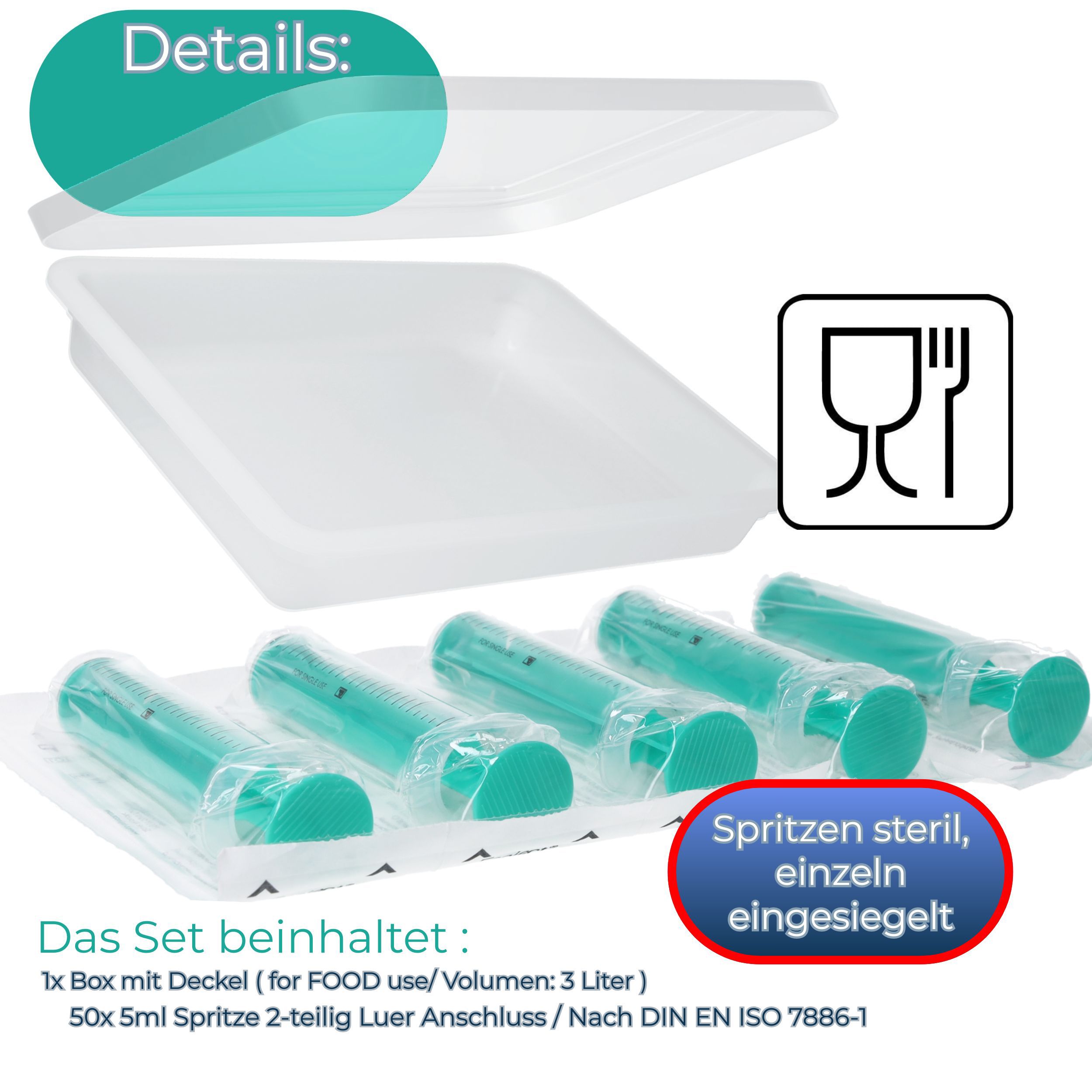 Box mit Deckel und einzeln verpackten Spritzen. Spritzen steril, einzeln versiegelt. Box für Lebensmittel. 50 Spritzen, 5ml, 2-teilig.