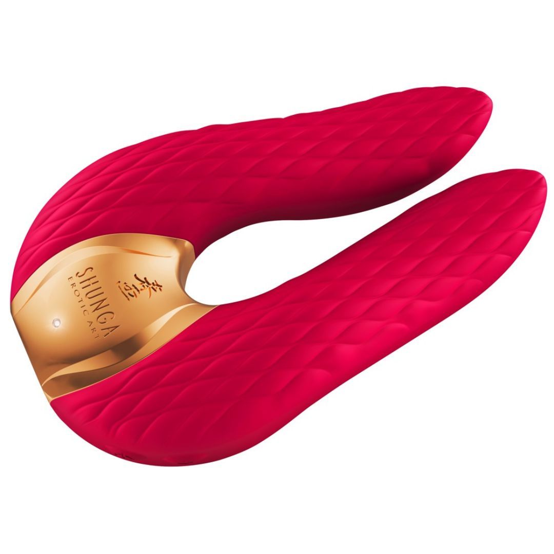 Doppelvibrator, rot mit goldfarbenem Element. Geprägte Oberfläche. Marke SHUNGA.