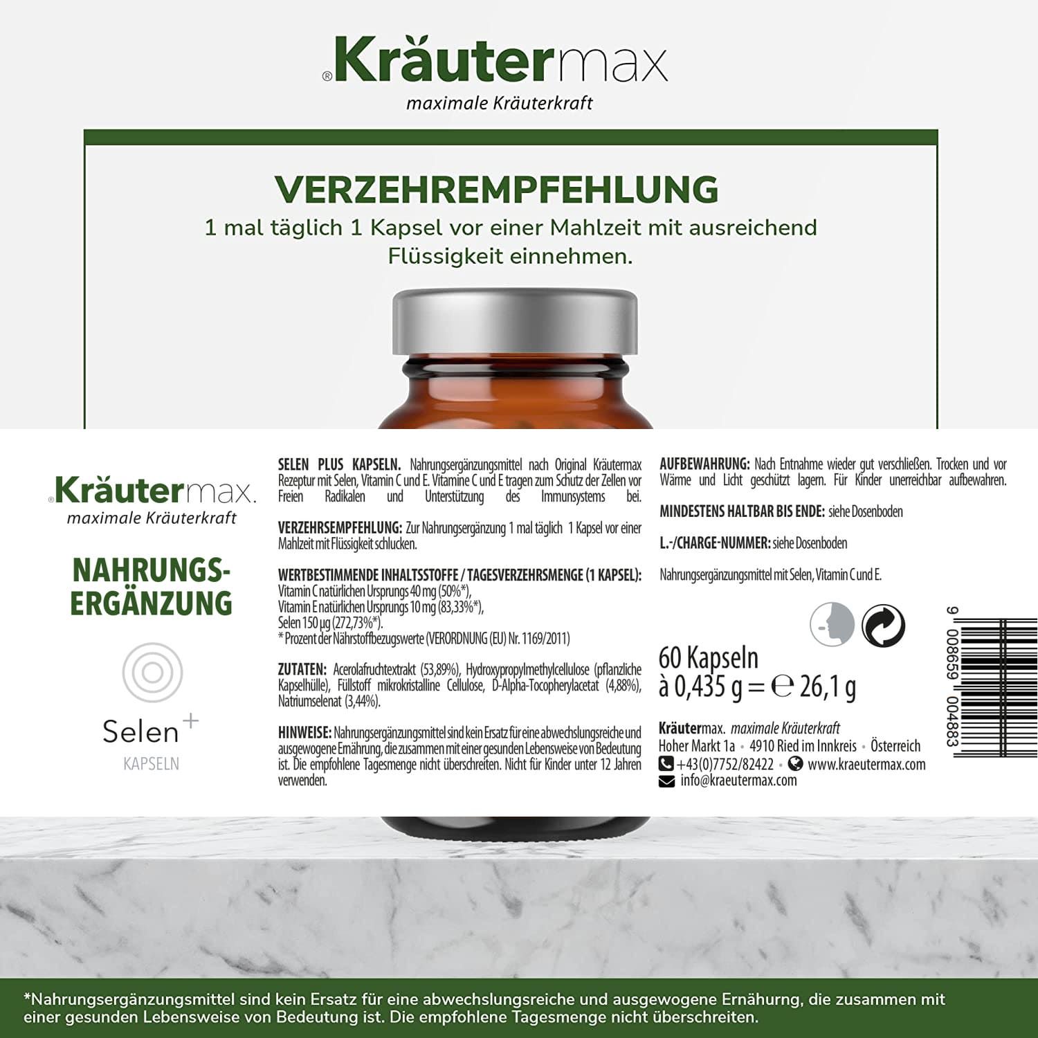 Rückseite einer Kräutermax Selen+ Kapseln Flasche. Text: Verzehrempfehlung, Inhaltsstoffe, Nährwertangaben, Mindesthaltbarkeit. 60 Kapseln.