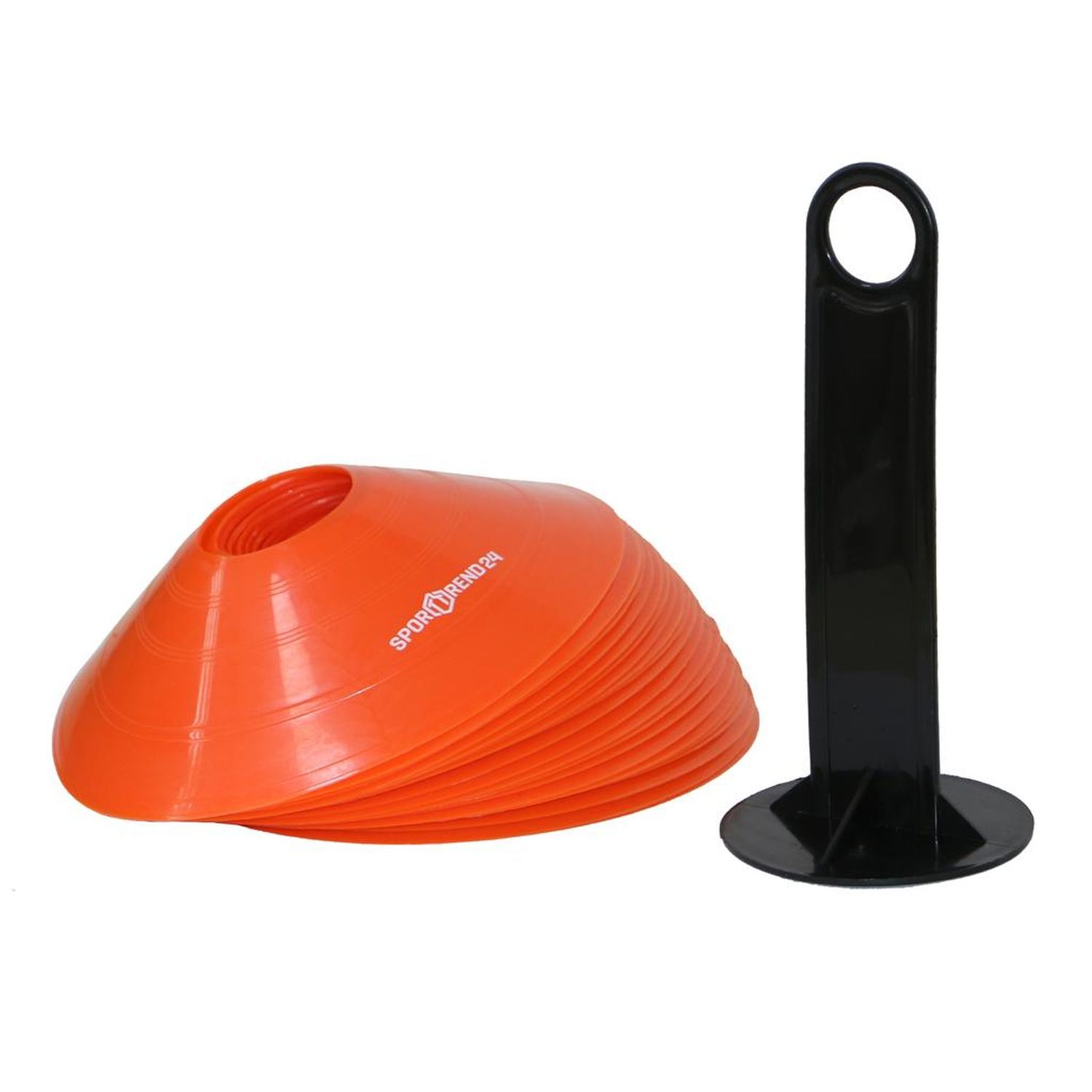 Orange Markierungshütchen und schwarzer Griff. Aufschrift: Sporttrend24. Griff steht daneben.