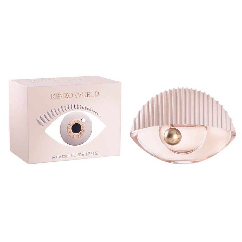 Kenzo World Eau de Toilette Flakon und Verpackung. Verpackung mit Augenmotiv. Flakon in Augenform mit geriffelter Kappe und Kugel.
