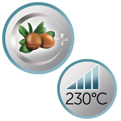 Zwei runde Logos. Oben: Arganöl-Symbol. Unten: Temperaturanzeige 230°C.