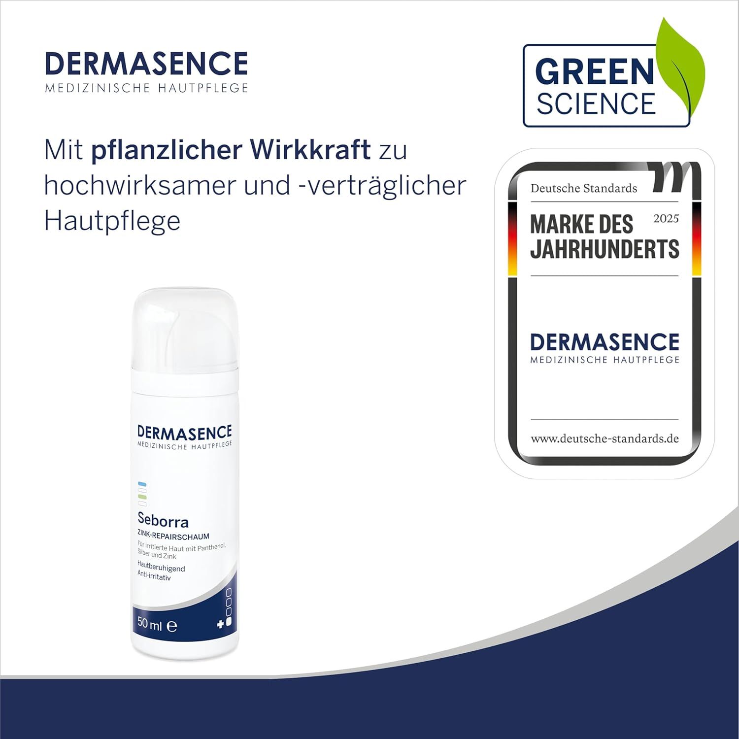 Weiße Schaumflasche mit Produktbezeichnung und Logo. Text: Marke des Jahrhunderts. Grün-Science-Zertifizierung.