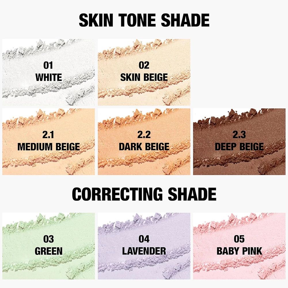 Sechs Farbtöne von Puder. Hautton: Weiß, Skin Beige, Medium Beige, Dark Beige, Deep Beige. Korrigierend: Grün, Lavendel, Baby Pink.