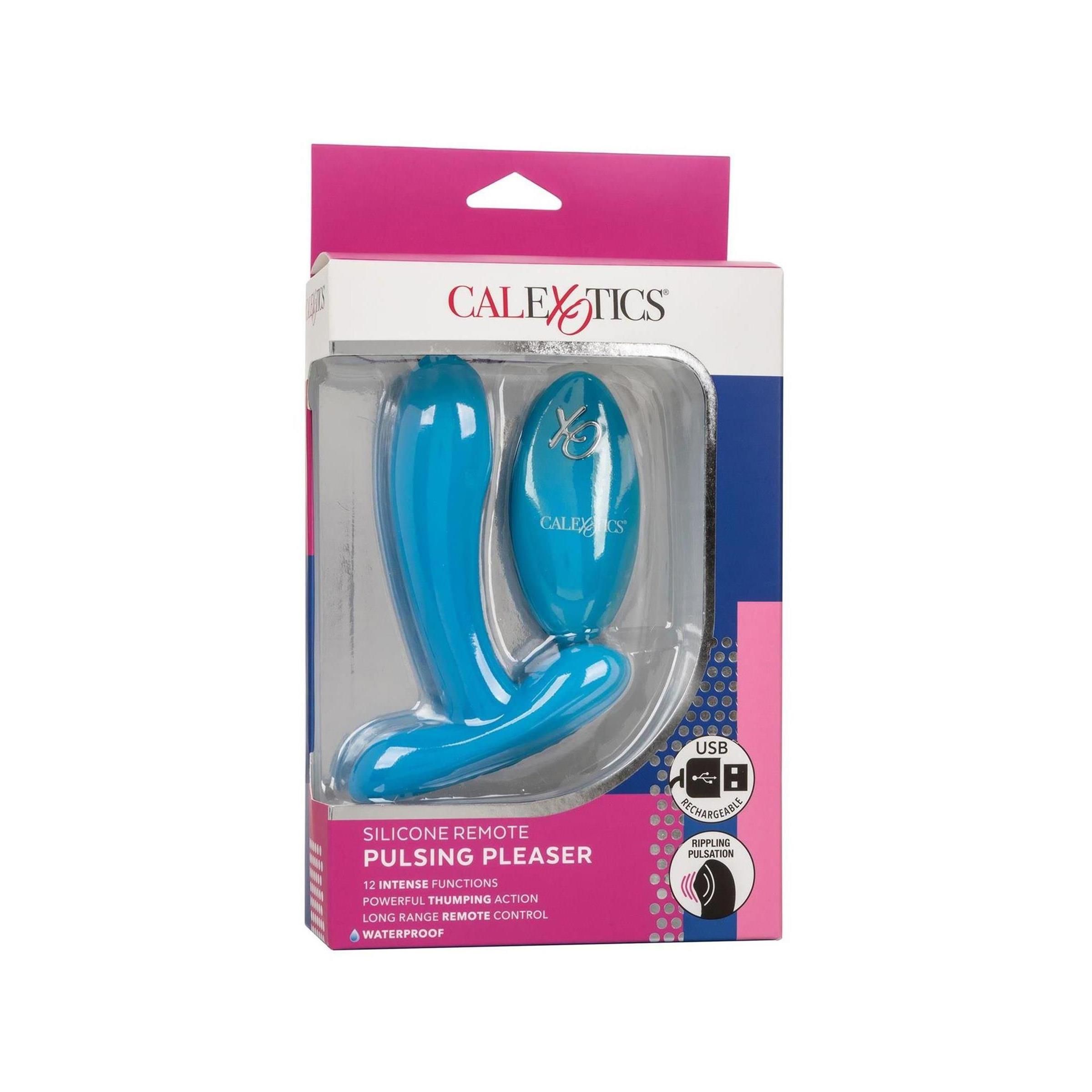 Blauer Silikon-Pleaser in Verpackung. Marke CalExotics. Mit Fernbedienung, USB-Anschluss und wasserdicht.