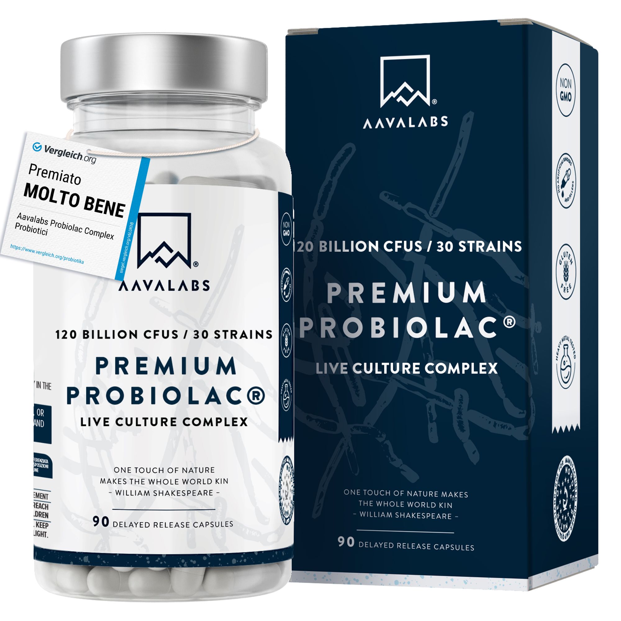 Klarer Behälter mit Kapseln und Schachtel. Aufschrift: Premium Probiolac, 120 Milliarden KBE, 30 Stämme. Mit Zink & Inulin.