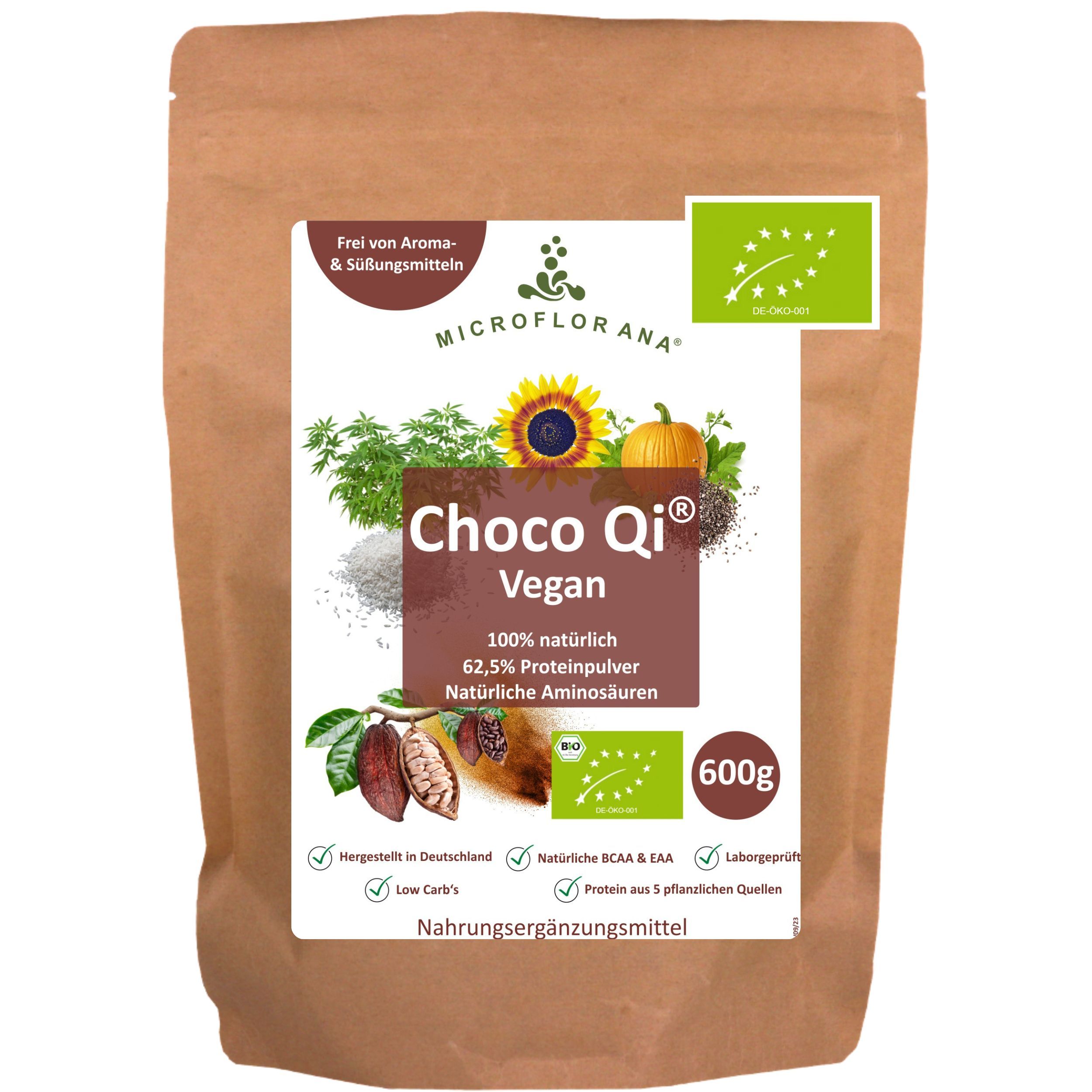 MICROFLORANA® - Bio Proteinpulver vegan - Inkl. Dosierhilfe - 30 mal Eiweiss-Shake - Choco Qi®