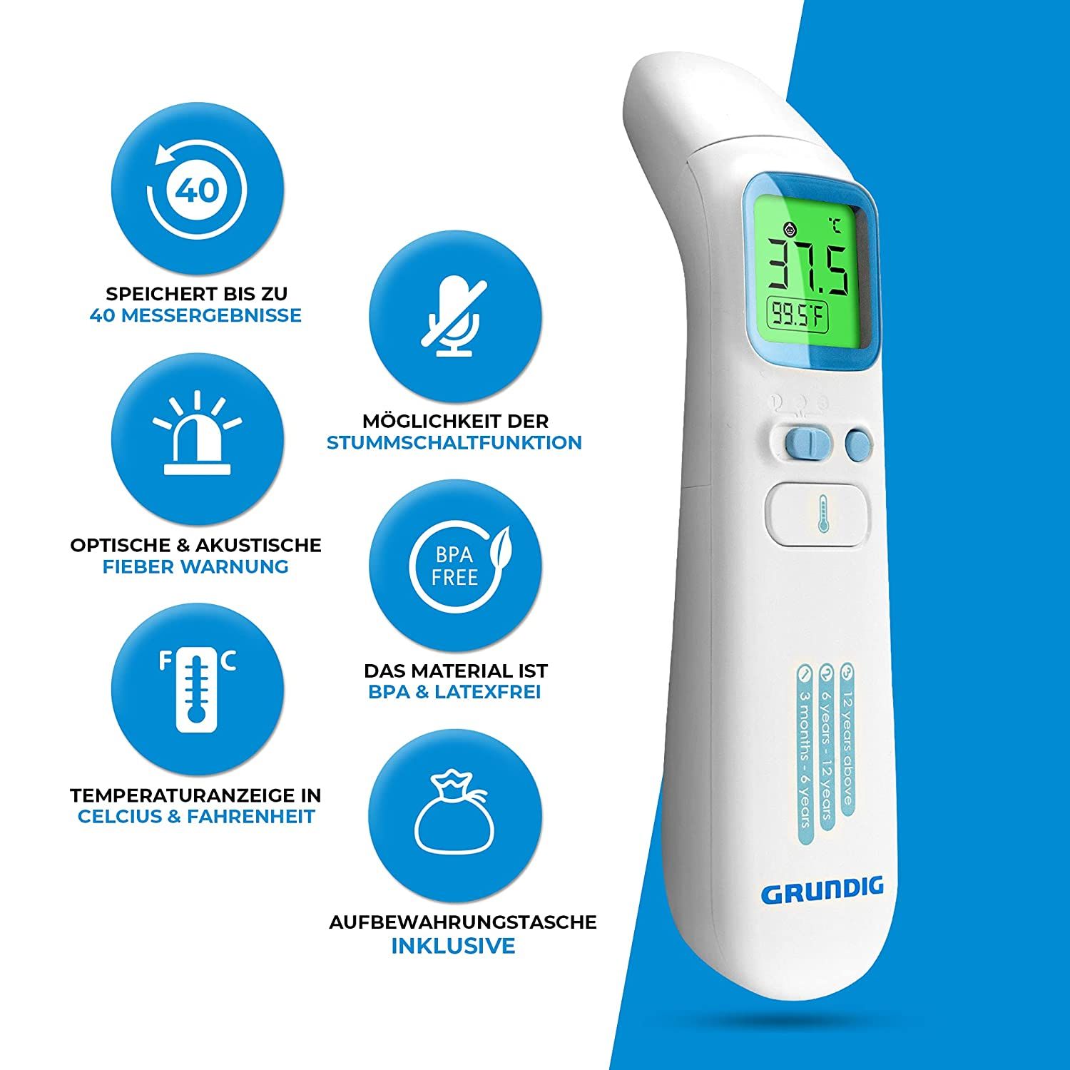 Grundig Fieberthermometer kontaktlos Infrarot - Hochpräzise Ohr Stirn