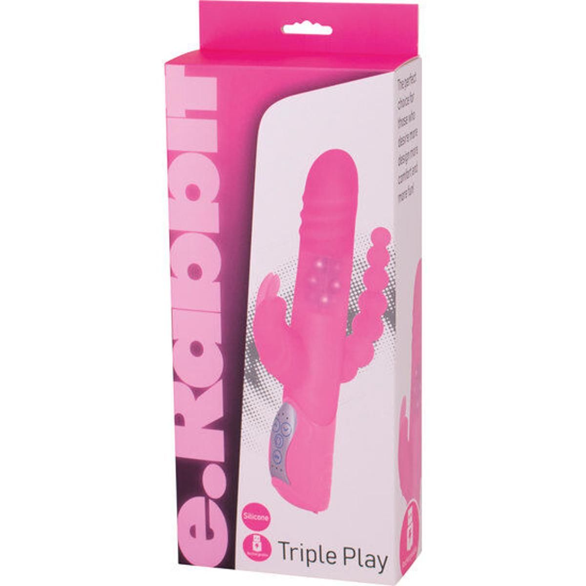Produktverpackung mit rosa Vibrator. Text: E.Rabbit, Triple Play. Silikon-Logo.