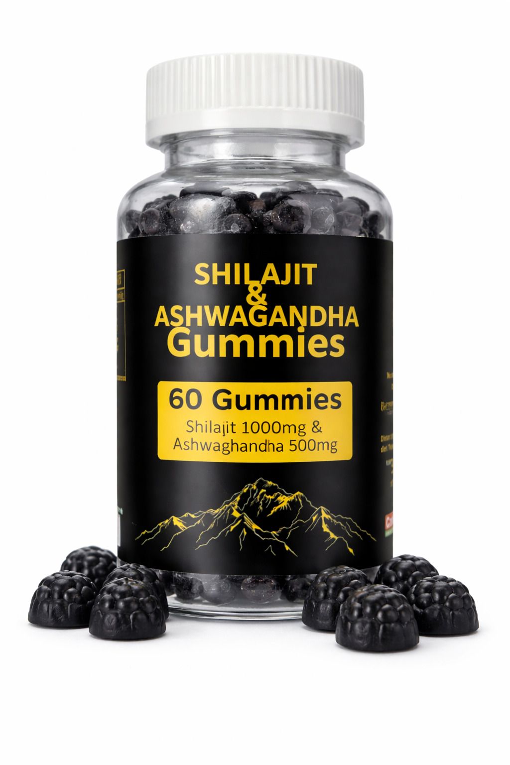 Glas mit Shilajit & Ashwagandha Gummies. Schwarze Gummibärchen, 60 Stück. Aufschrift: 1000mg Shilajit, 500mg Ashwagandha.