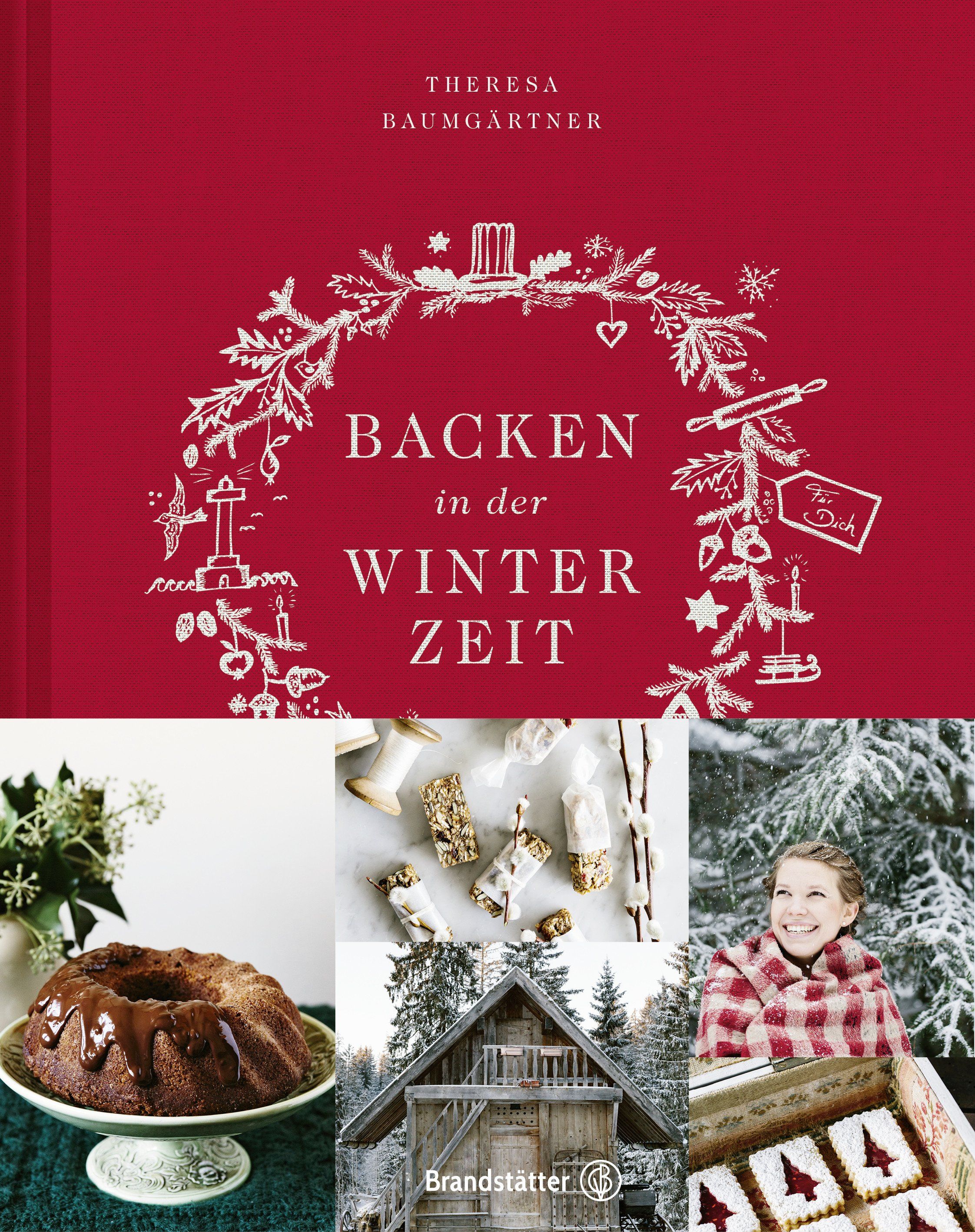 Buchcover mit rotem Hintergrund. Titel: Backen in der Winterzeit. Autor: Theresa Baumgärtner. Illustrationen in Weiß.