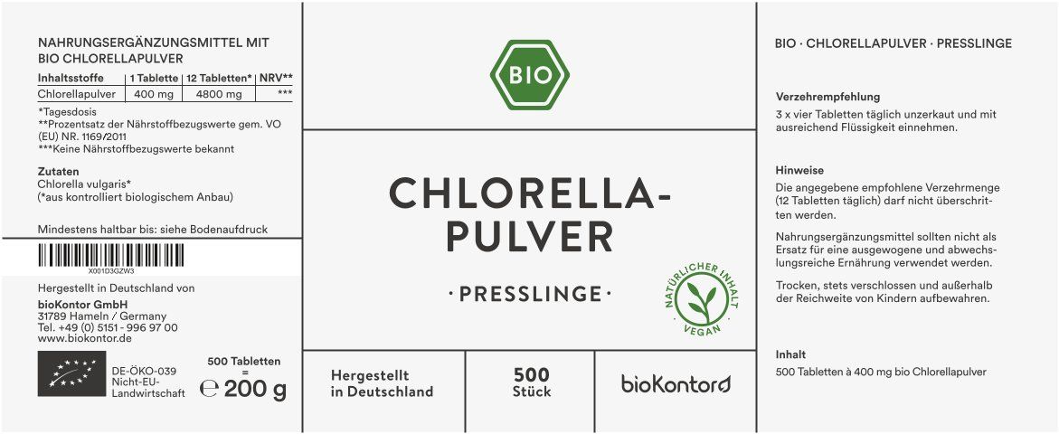 Etikett mit Informationen zu Chlorella Pulver Presslingen. Enthält Angaben zu Inhaltsstoffen, Dosierung, und Hersteller.
