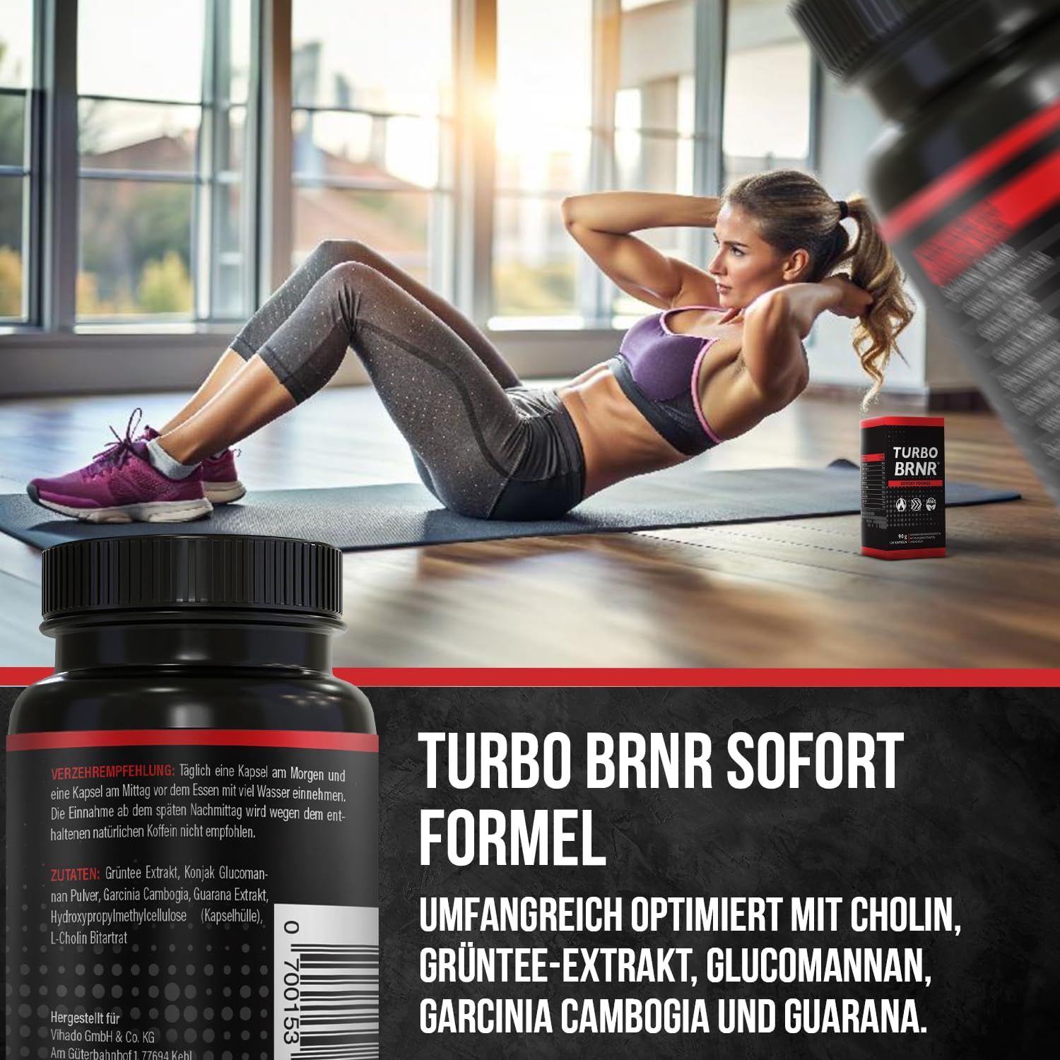 Frau macht Crunches auf Matte. Turbo BRNR Dose und Fläschchen im Vordergrund. Sofort Formel.