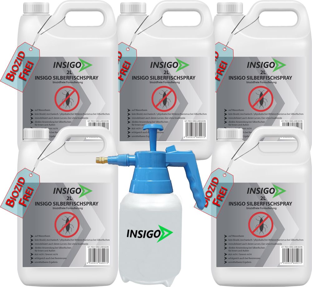 Mehrere weiße Kanister und eine Sprühflasche mit blauem Sprühkopf. Auf den Kanistern ist das Logo und der Produktname INSIGO Silberfischspray zu sehen.