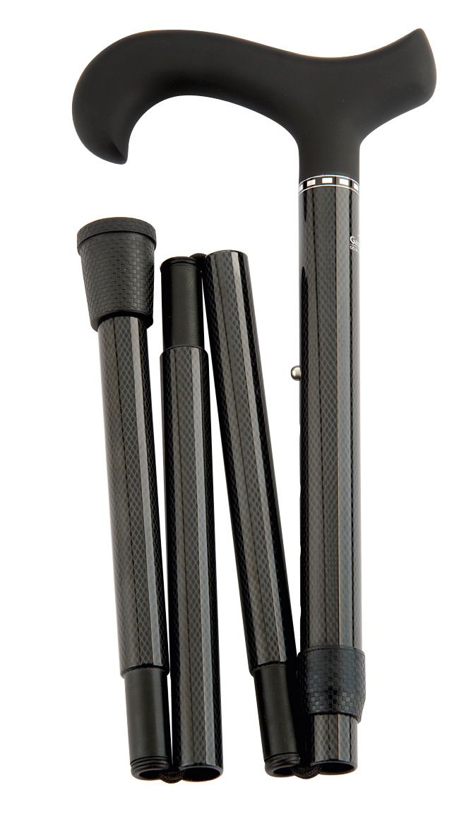 Schwarzer, zusammenklappbarer Gehstock mit gebogenem Griff. Carbon-Optik am Schaft. Einzelne Segmente.