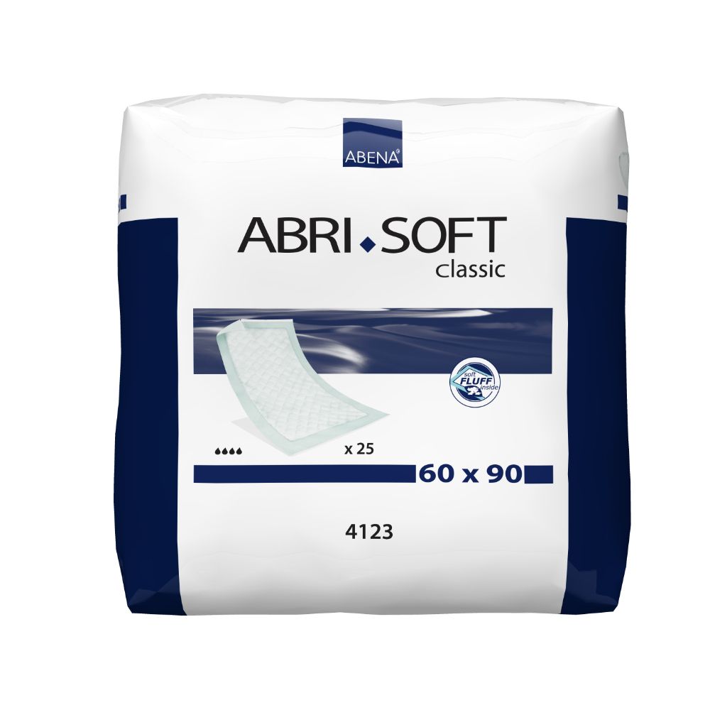 Verpackung Abena Abri-Soft Classic. Weiß, mit blauer Schrift und Produktabbildung. Größe 60x90 cm, 25 Stück.