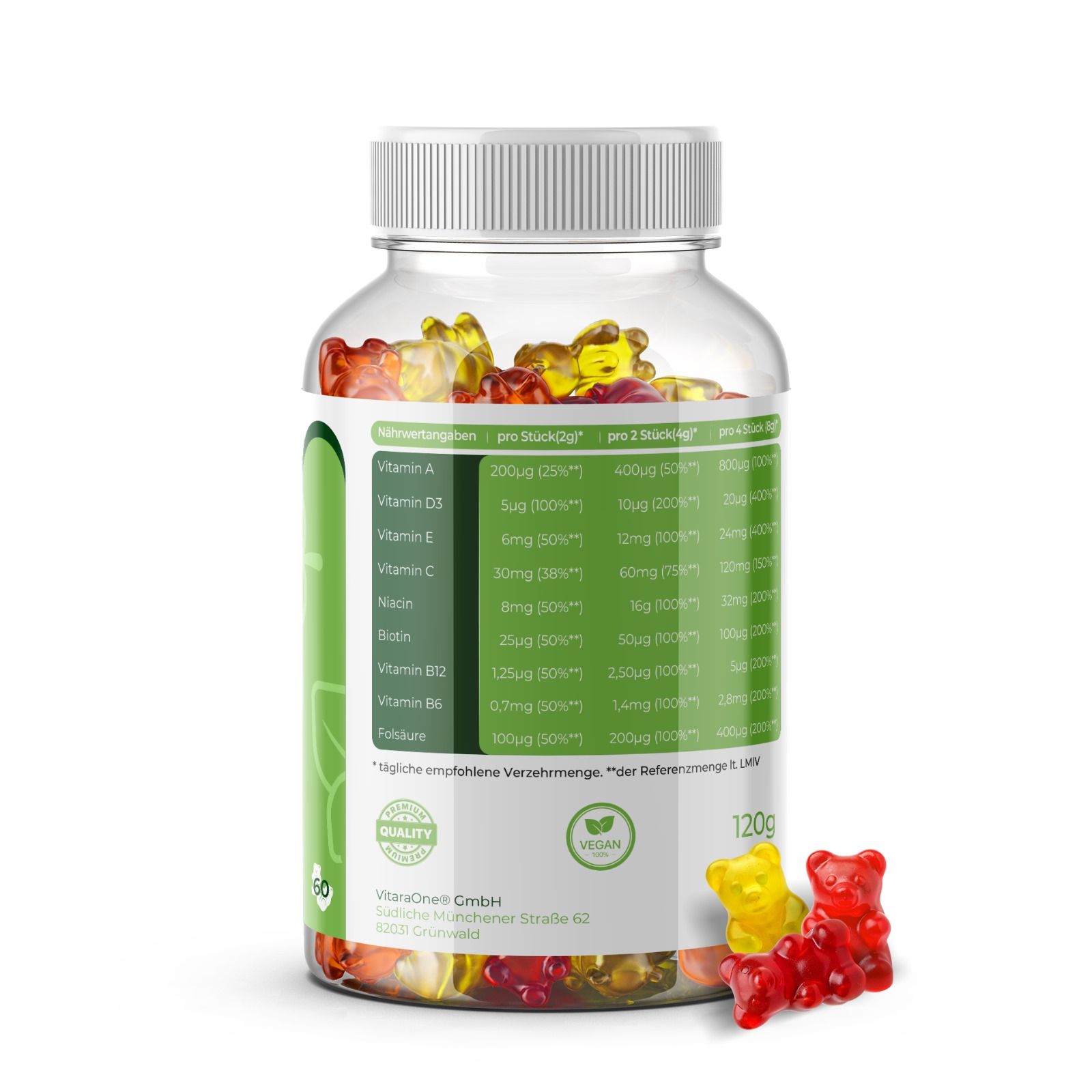 Rückseite der Flasche VitaraOne® Multi-Vitamin Gummibärchen. Nährwerttabelle mit Vitaminangaben. Gummibärchen daneben.