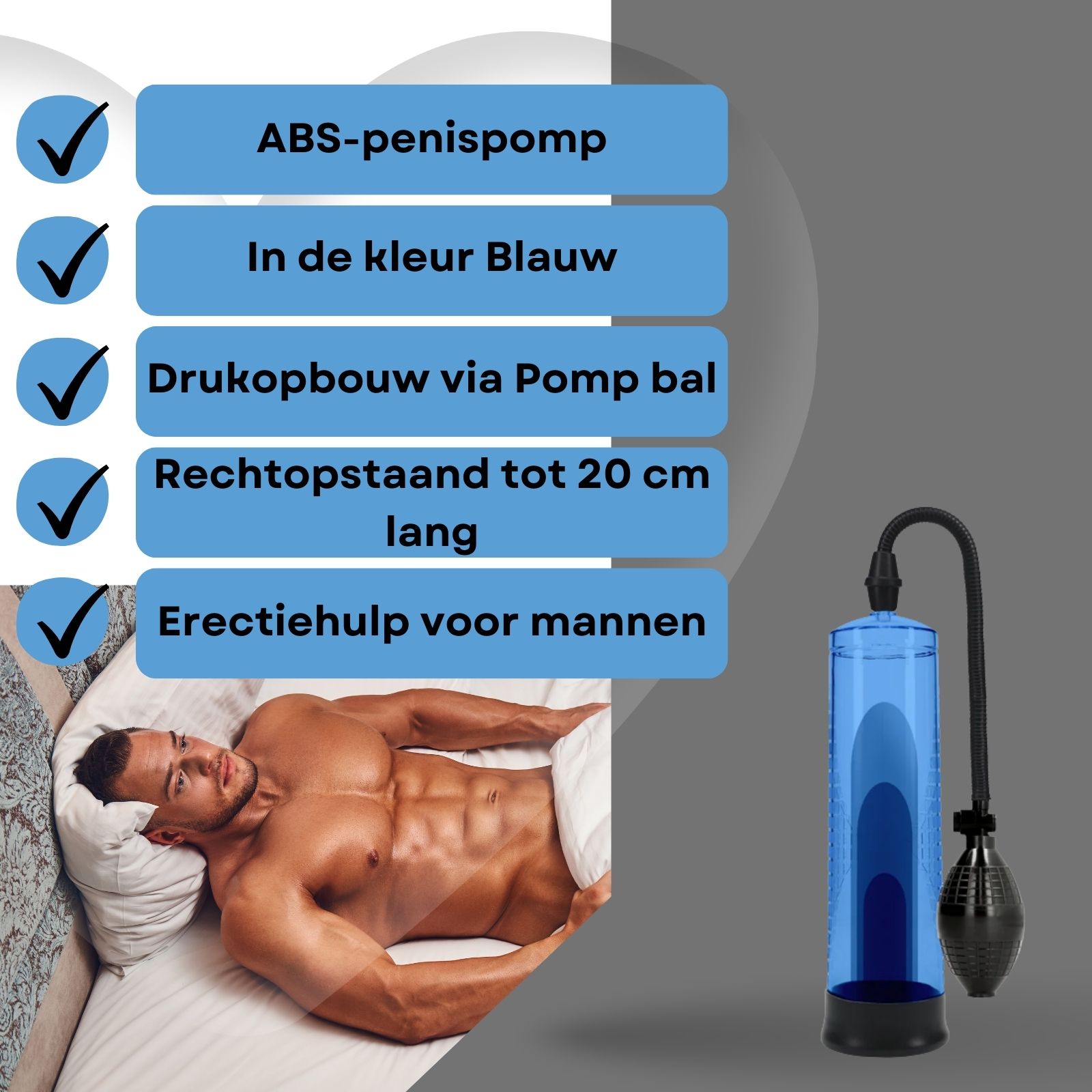 Productafbeelding met tekst: Penispomp van ABS, in de kleur blauw.