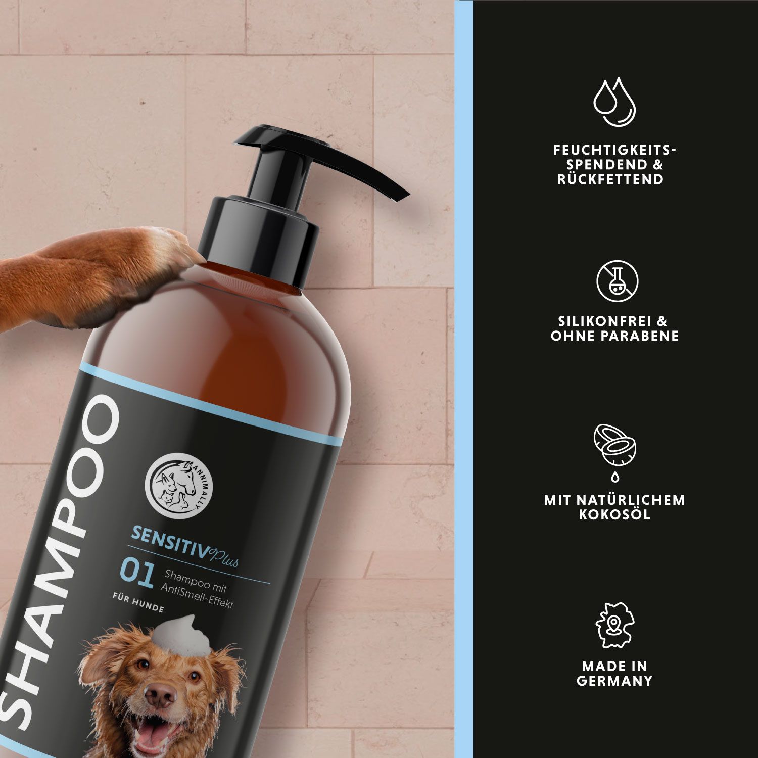 Produktflasche mit schwarzem Pumpkopf. Text und Logo. Hund mit Schaum. Hintergrund in Beige- und Blautönen. Icons.