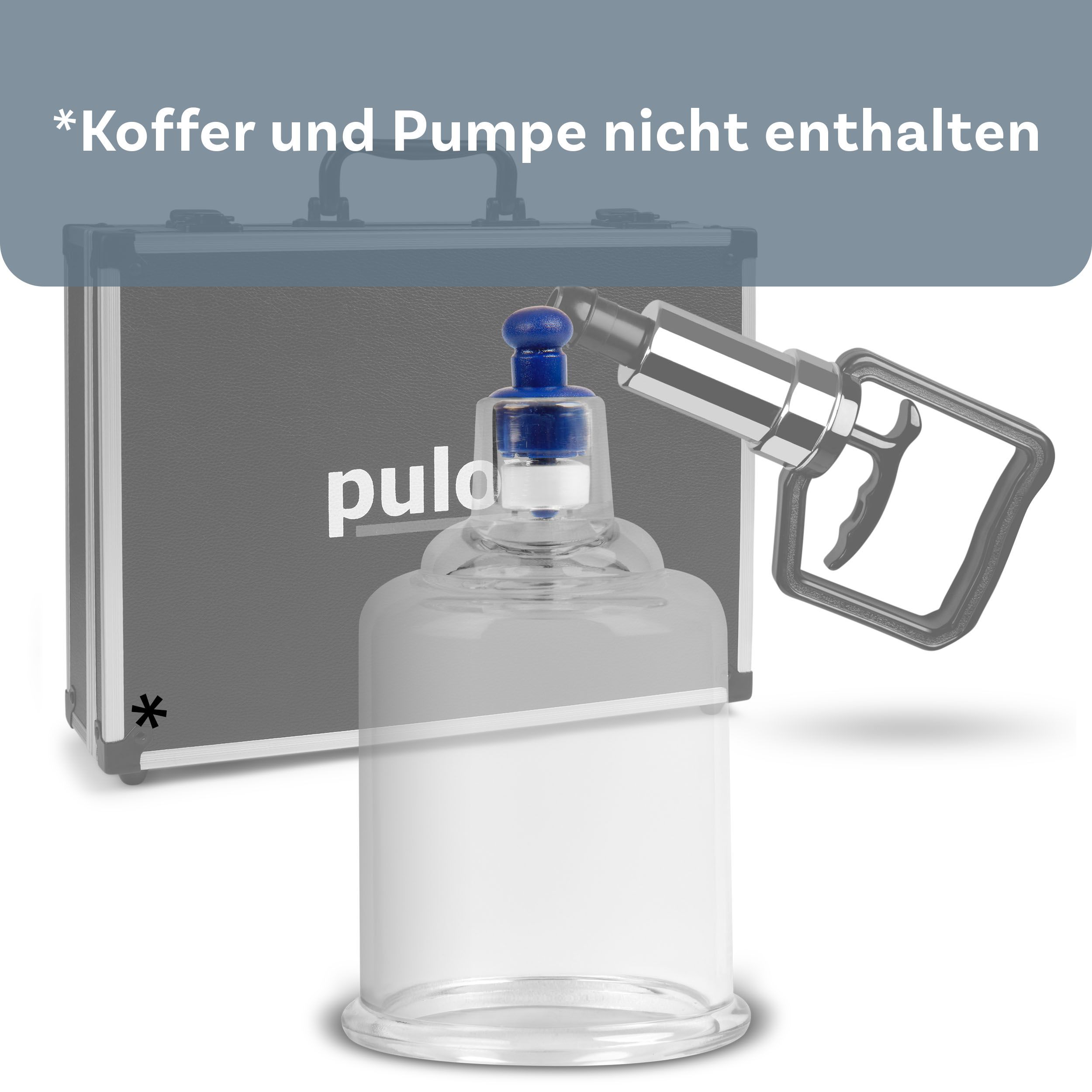 Schröpfglas mit blauem Ventil, neben Koffer und Pumpe (nicht enthalten).