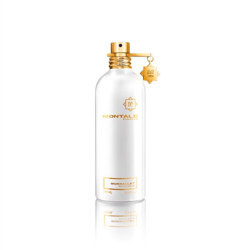 Weiße Parfumflasche mit goldenen Akzenten. Aufschrift: Montale Paris, Mukhallat Eau de Parfum.