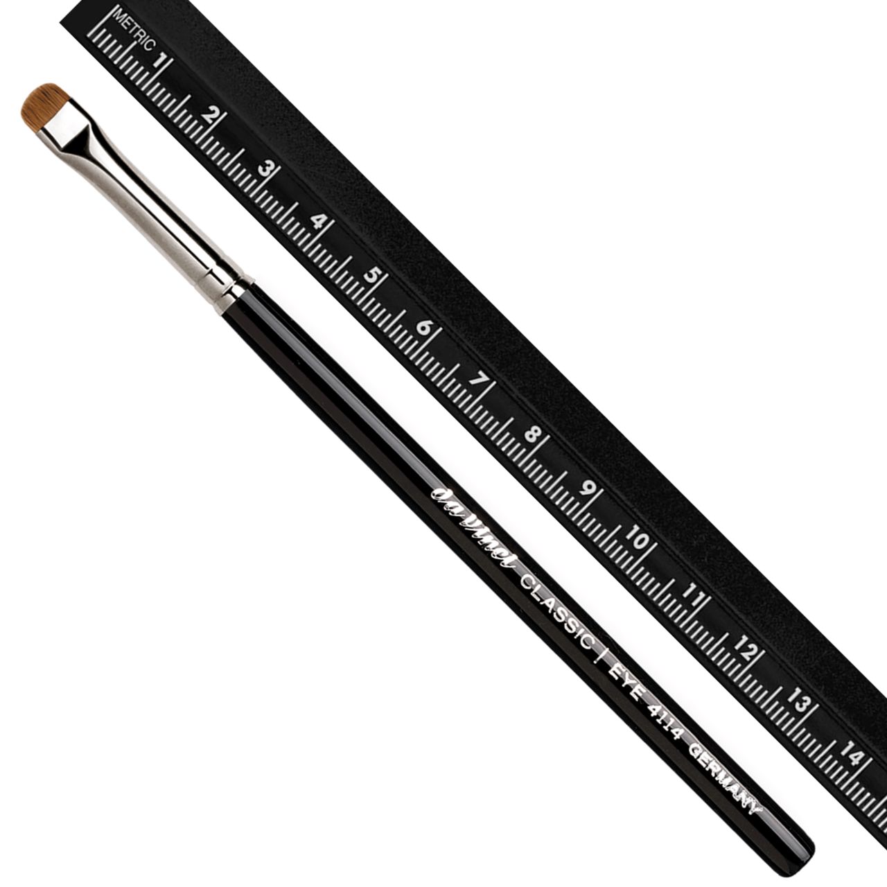 Pinsel mit schwarzem Griff und silberner Zwinge, neben einem schwarzen Lineal. Aufschrift: Da Vinci CLASSIC EYE 4114 GERMANY.
