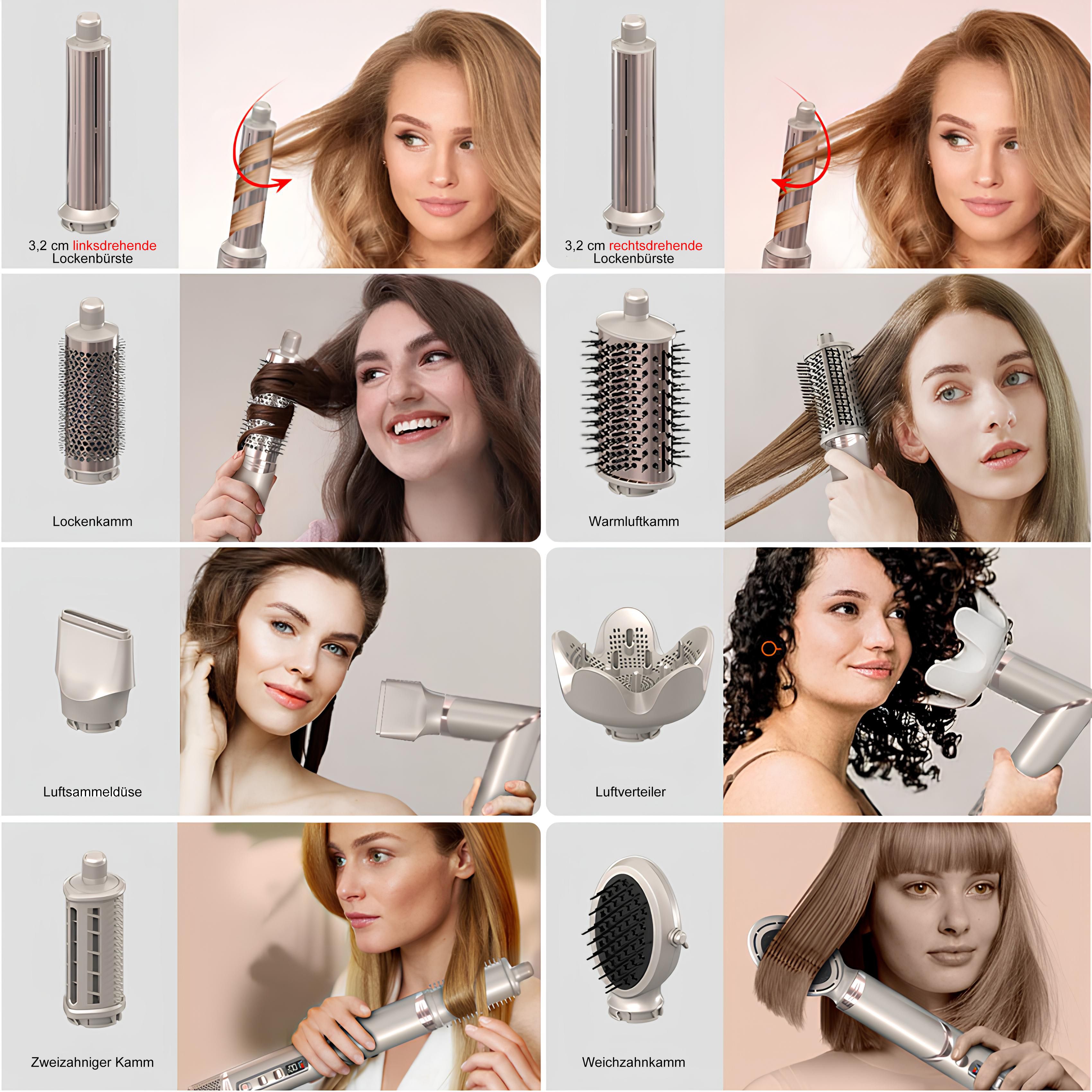 COOL-i Airstyler 8 in 1, 1400W Heißluftbürste mit Diffusor & Lockenaufsatz, 4 Temperaturen, 3 Stufen