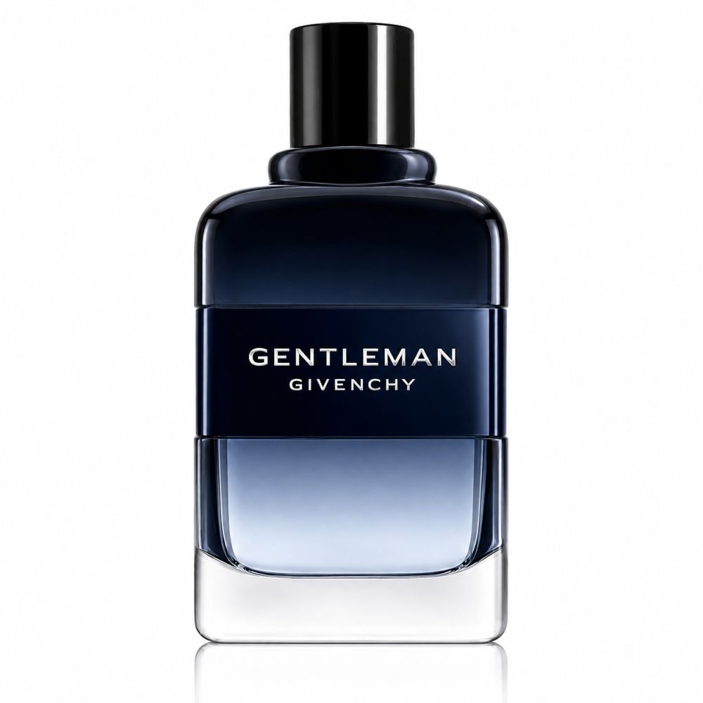 Givenchy Gentleman Eau de Toilette Intense Flakon, dunkelblau mit silbernem Band.