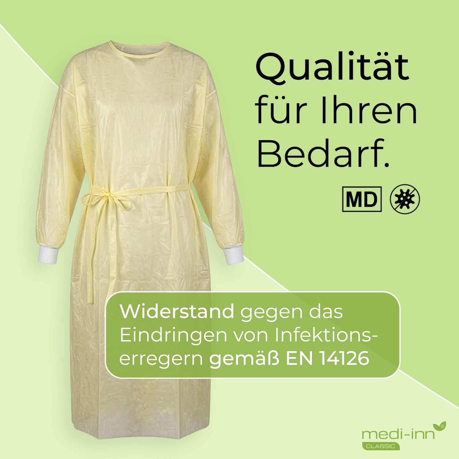 Gelber PP-Schutzkittel mit PE-Teilbeschichtung, mit Bindeband in der Taille und gestrickten Bündchen.