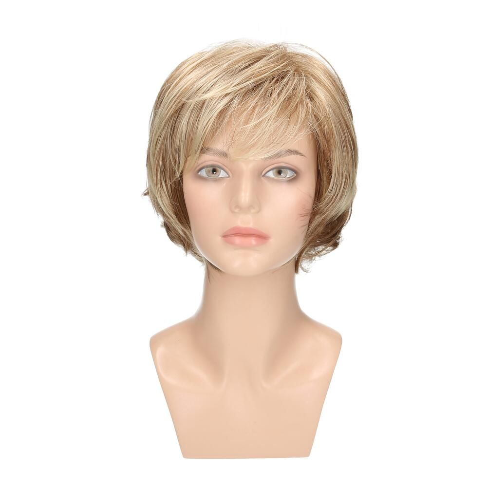 Perücke Michelle von Lofty, blond mit Strähnen, auf einem Schaufensterkopf. Frontansicht.