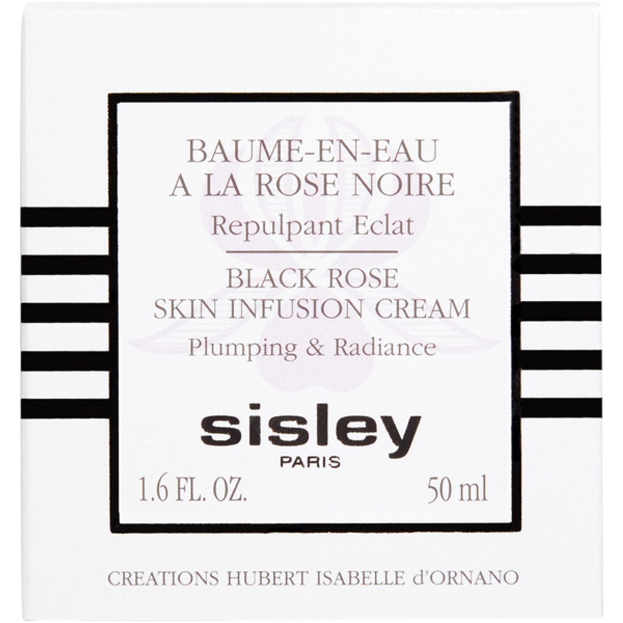 Weißer Karton mit schwarzer Schrift. Aufschrift: Baume-en-Eau à la Rose Noire, Black Rose Skin Infusion Cream, Sisley Paris, 50 ml.