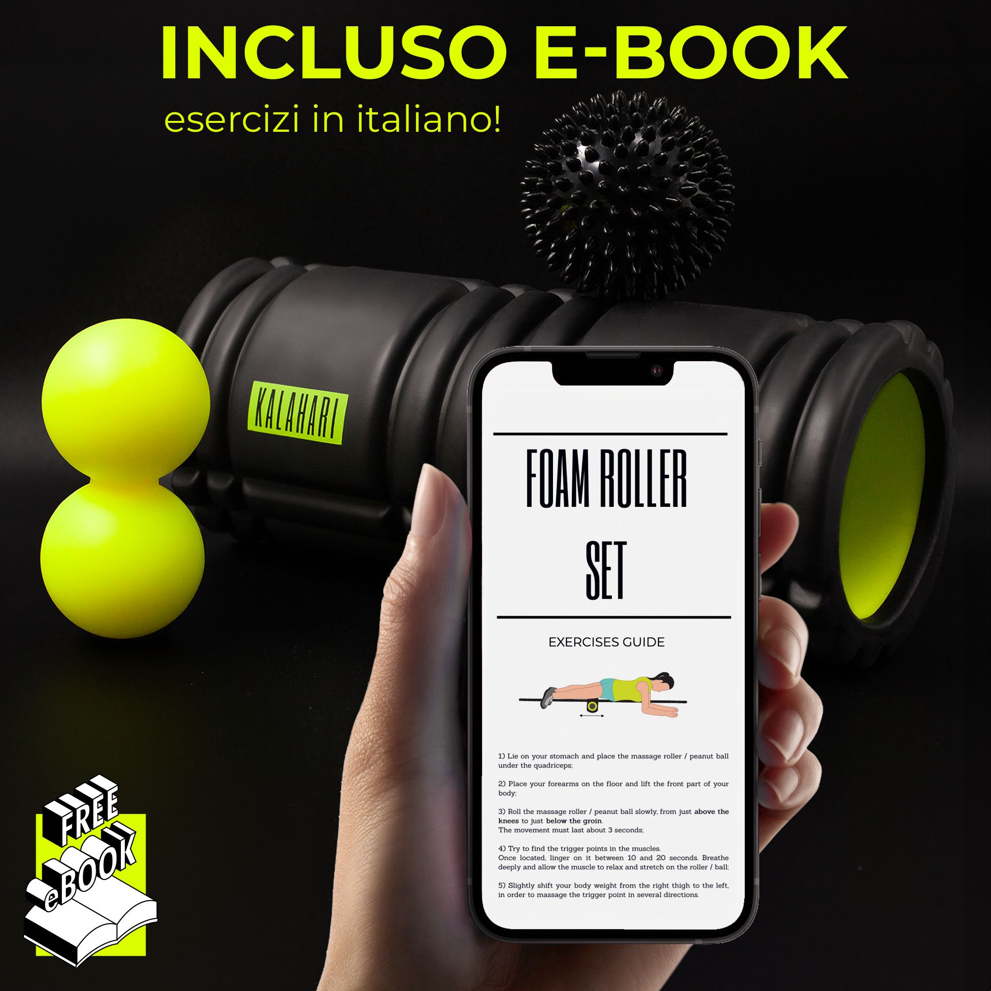 Faszienrolle Set mit E-Book auf einem Smartphone. Schwarze Rolle, Igelball, Duoball.